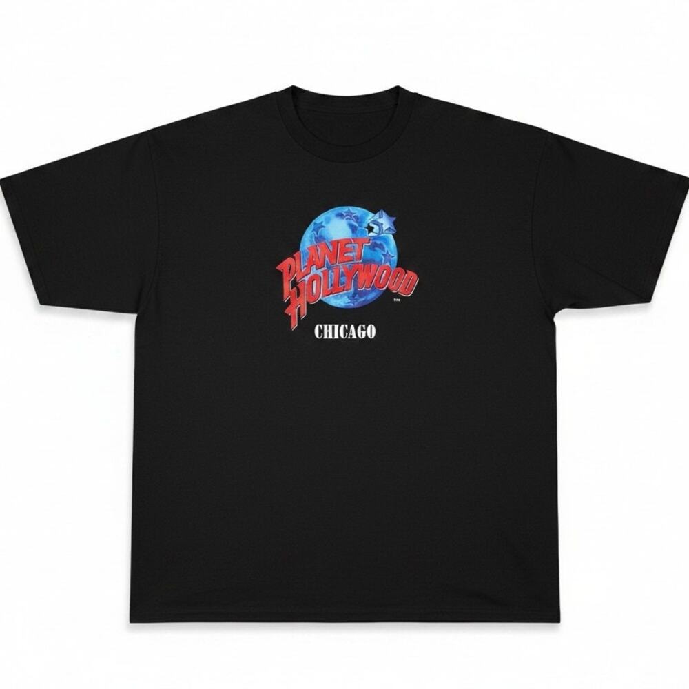 Planet Hollywood Chicago Vintage 90s Men's XXL Black Logo T-Shirt Made in USA